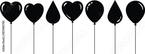 Black silhouette balloon set with heart teardrop and round shapes isolated on white background for party celebration and decorative graphic design
