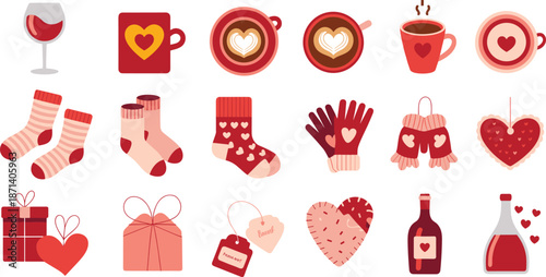 Valentine icons collection, love-themed items design, warm drinks gifts hearts socks, festive romantic celebration graphic elements