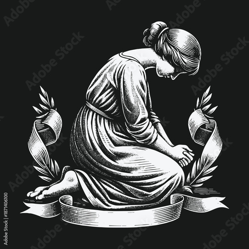 Monochrome Illustration of a Kneeling Woman in Prayerful Contemplation.
