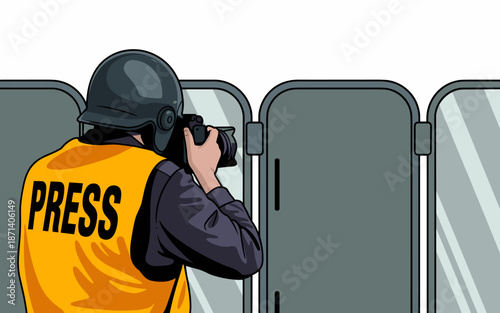 Press photographer taking photo wearing helmet and vest behind riot shield illustration for news media journalism visual storytelling reportage event coverage documentary work photojournalism editoria