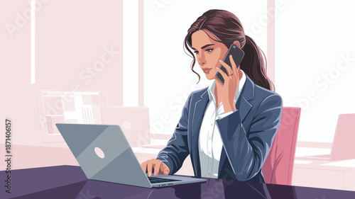 Professional businesswoman working on laptop talking on smartphone in modern office workspace successful female employee multitasking with technology for corporate communication presentations remote w