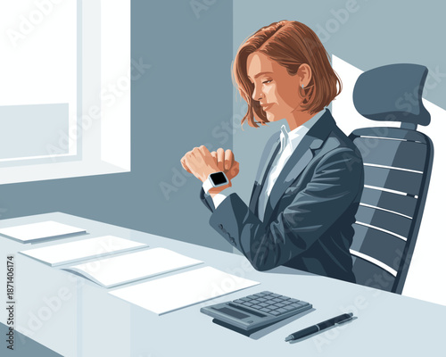 Confident businesswoman checking smartwatch at office desk in professional attire contemplating financial reports and paperwork modern executive in corporate workspace for business presentation and ma