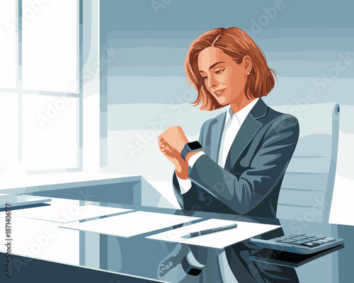 Professional businesswoman checking smartwatch in modern office vector illustration executive female employee monitoring time management concept for corporate presentation finance technology advertise