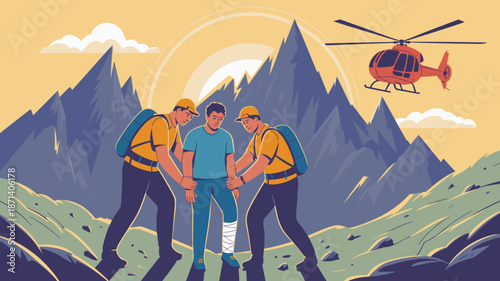 Mountain rescue team aiding injured hiker with leg injury on rocky mountain terrain with rescue helicopter overhead emergency medical assistance in remote location for travel adventure tourism safety