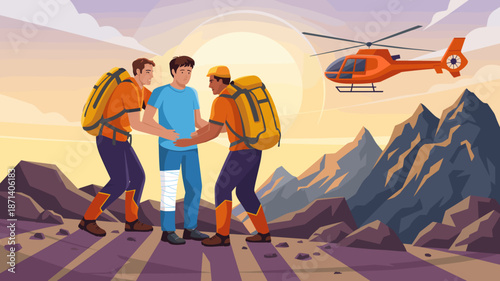Injured hiker being rescued by rescue team in remote rocky mountain landscape with helicopter support for emergency evacuation in outdoor adventure travel and tourism safety campaign illustration for