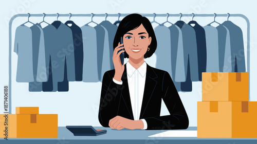 Smiling woman entrepreneur on mobile phone in clothing store with shipping boxes preparing online orders for delivery small business owner in retail fashion industry sales e-commerce customer service