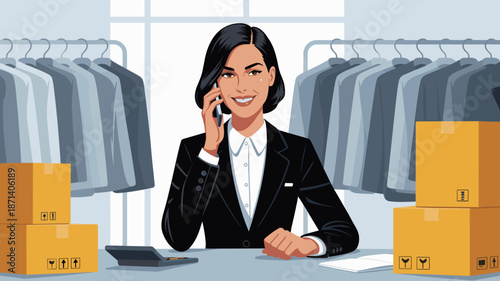 Professional businesswoman talking on smartphone in fashion retail store surrounded by clothing rack and shipping boxes modern entrepreneur managing inventory sales logistics apparel industry e-commer