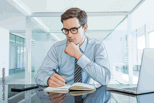 Focused businessman writing notes in notebook in modern office thoughtful professional man taking notes planning strategy for corporate finance project business development creative process for succes
