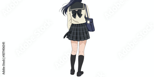 Anime schoolgirl walking back view in uniform with plaid skirt and bow carrying bag youthful student character design for education industry presentations and advertising modern illustration for youth