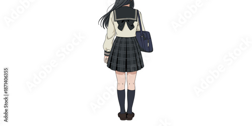Anime schoolgirl in uniform standing back view illustration cute japanese manga character design with tartan skirt and black hair for education advertising marketing materials and creative projects yo