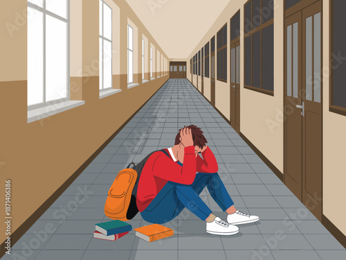 Upset student sitting alone in school hallway feeling stressed and overwhelmed student with books and backpack experiencing academic pressure concept for education mental health awareness campaigns an