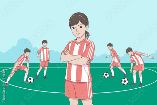 Confident young female soccer player standing on field with crossed arms leadership illustration of determined girl athlete in team training for competitive youth sport healthy lifestyle and teamwork