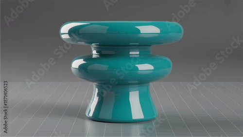 teal glossy ceramic vase with rounded shapes on gray surface