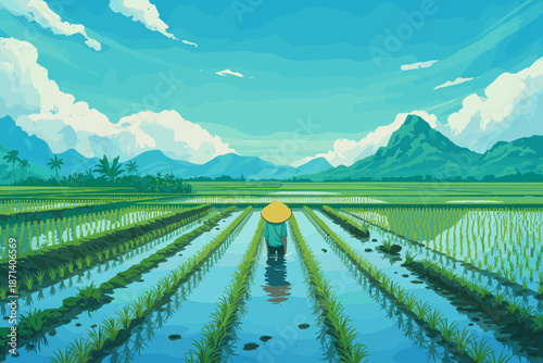 Scenic rice farmer standing in flooded paddy field with Asian conical hat agriculture landscape green mountain backdrop traditional rural farming worker illustration for environmental travel tourism s