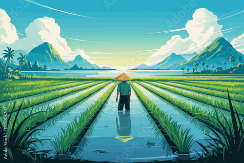 Traditional Asian Farmer Working in Rice Paddy Field Agriculture Rural Landscape Cultivation Farming Scenic View of Green Rice Plants Growing in Water with Mountains and Sky Sustainable Agriculture Co