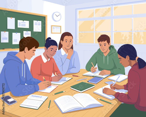 Diverse group of students studying together in classroom setting collaborating on project teamwork and learning in educational environment for school college university projects assignments and presen