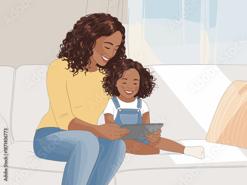 Happy African American mother and daughter using tablet computer together at home on couch smiling education technology family lifestyle illustration for advertising marketing website social media con