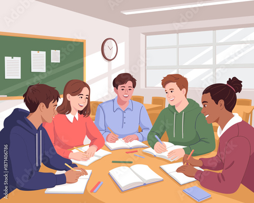Diverse group of students studying together in classroom collaborating on project writing in notebooks young adults learning in school setting for education marketing materials and back to school adve
