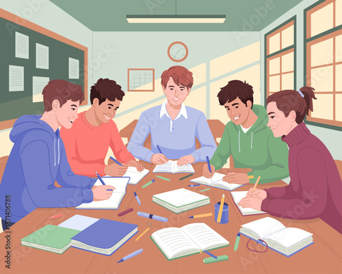 Diverse group of students collaborating studying together in classroom working on assignments learning teamwork skills in school education for academic success student life and exam preparation in mod