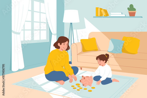 Cartoon mother teaching daughter about saving money with piggy bank and gold coins in cozy living room setting financial literacy family values illustration for parenting blogs and childhood education