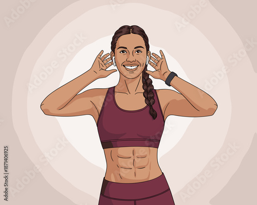 Athletic woman with defined abs listening to music wearing wireless earbuds and fitness tracker in modern sportswear outfit exercising wellbeing concept for online fitness programs and health product