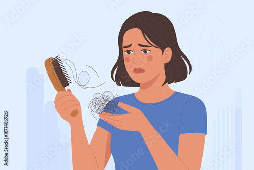 Worried young woman with hair loss holding hairbrush looking at fallen hair in hand stressed about alopecia problem female health concerns for medical advertising and healthcare products for hair grow