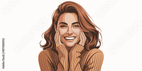 Portrait of beautiful smiling woman with hands near face expressing joy and happiness in modern style vector illustration for wellness lifestyle advertising and positive emotion marketing in beauty an