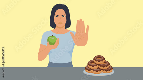 Young woman choosing green apple refusing donuts unhealthy sweet food diet nutrition decision concept healthy lifestyle choice and temptation management for healthcare wellness advertising and marketi