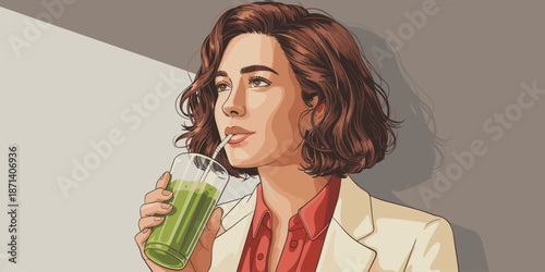 Young professional woman drinking green smoothie in modern office healthy lifestyle wellness concept female employee enjoying nutritious beverage for corporate advertising and healthcare marketing pre