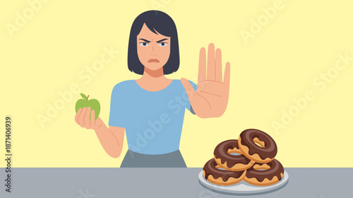 Determined woman rejecting sugary donuts for healthy green apple in hand showing stop gesture for dietary discipline and nutrition concept for wellness healthcare advertising and marketing campaigns w