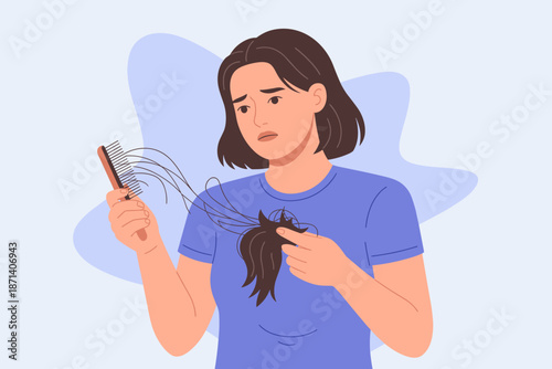 Worried young woman losing hair from comb concerned about alopecia female with hair loss problem holding clump of fallen hair healthcare dermatology concept for medical brochure or cosmetic advertisin