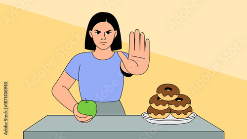 Determined woman rejecting donuts choosing healthy green apple for diet nutrition wellness lifestyle change and weight loss in modern graphic illustration for healthcare advertising and balanced nutri