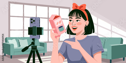 Cheerful woman making product video holding drink box in modern living room for online review using smartphone on tripod creative vlog content for social media marketing advertising lifestyle blog and