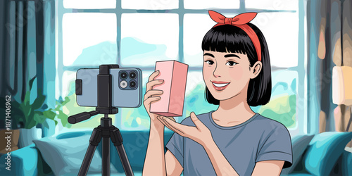 Young woman recording video product review on smartphone for her vlog channel showcasing pink box in cozy living room content creator influencer marketing social media beauty lifestyle presentation re