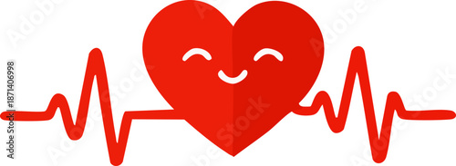 A cheerful red heart with a smiling face is connected to a flowing heartbeat line on a black background, symbolizing healthy life and positive cardiac wellness.