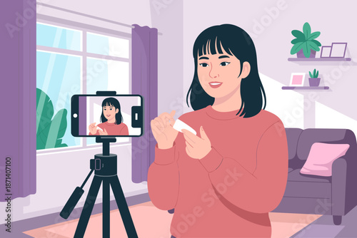 Young asian woman vlogging beauty product review on smartphone at home online influencer creating video content for social media channel modern lifestyle beauty blogging for digital marketing and adve