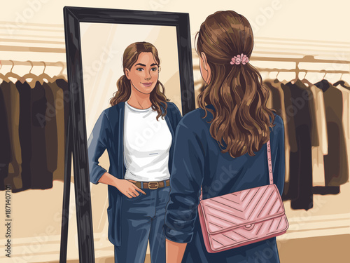 Fashionable woman trying on clothes in boutique looking in mirror checking outfit stylish brunette in casual wear shopping for new wardrobe apparel in clothing store personal style and retail experien