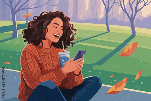 Smiling woman using mobile phone in autumn park drinking refreshment beverage enjoying online content social media connection happy carefree lifestyle digital communication technology concept for adve