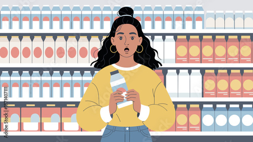 Surprised woman holding milk carton in grocery store aisle searching for dairy free alternative healthy food choices for lactose intolerance dietary restrictions in supermarket shopping experience for