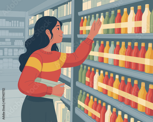 Young woman grocery shopping selecting bottle from shelf at supermarket retail store colorful bottles on display consumer lifestyle concept vibrant modern illustration for advertising marketing campai