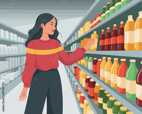 Woman shopping for juice drinks in supermarket grocery store aisle looking at beverage bottles on shelves choosing healthy refreshment in retail shop cartoon vector illustration for advertising market