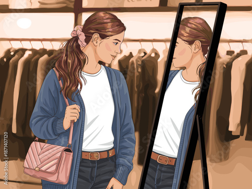 Stylish young woman checking reflection in mirror at clothing store boutique fashion lifestyle concept confident female shopper illustration for retail marketing advertising campaigns beauty and perso