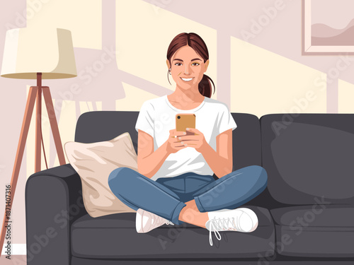 Smiling woman using mobile phone on sofa at home modern interior design illustration relaxed female browsing social media app on smartphone for lifestyle blog post or advertising campaign technology a