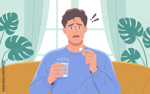 Worried man taking medication pill with glass of water at home sitting on sofa concerned about side effects health issues medical treatment remedy for illness disease healthcare concept for pharmaceut