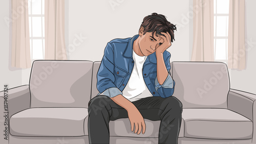 Worried young man sitting on sofa with hand on head in despair thoughtful contemplative mood at home apartment interior illustration depicting anxiety stress mental health for social media marketing a