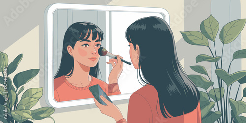 Beautiful young woman applying makeup with brush while using smartphone in front of mirror at home modern lifestyle beauty routine cosmetic product advertising social media content creation for beauty