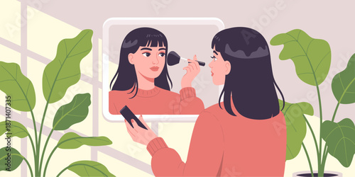 Stylish woman applying makeup with brush in mirror at home surrounded by vibrant houseplants beauty routine for skincare wellness confident female in modern lifestyle concept for beauty blogs and cosm