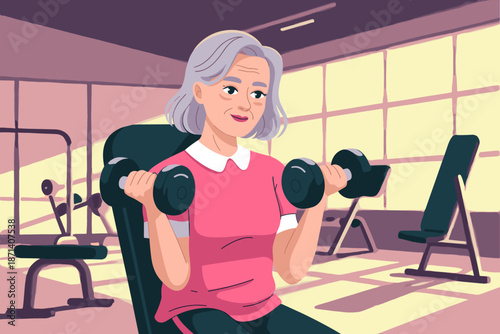 Strong senior woman lifting weights in modern gym fitness center exercising for healthy lifestyle mature adult strength training workout active aging wellness program for rehabilitation physical thera