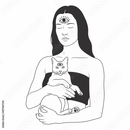 Woman with third eye holding cat with third eye