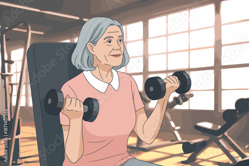Active senior woman lifting dumbbells in gym workout fitness exercise routine for healthy lifestyle aging gracefully strength training weightlifting in modern fitness center healthcare wellness progra